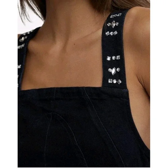 FREE People Decked In Shine Rhinestone Denim Open Back Top Size S NWT - Picture 2 of 8